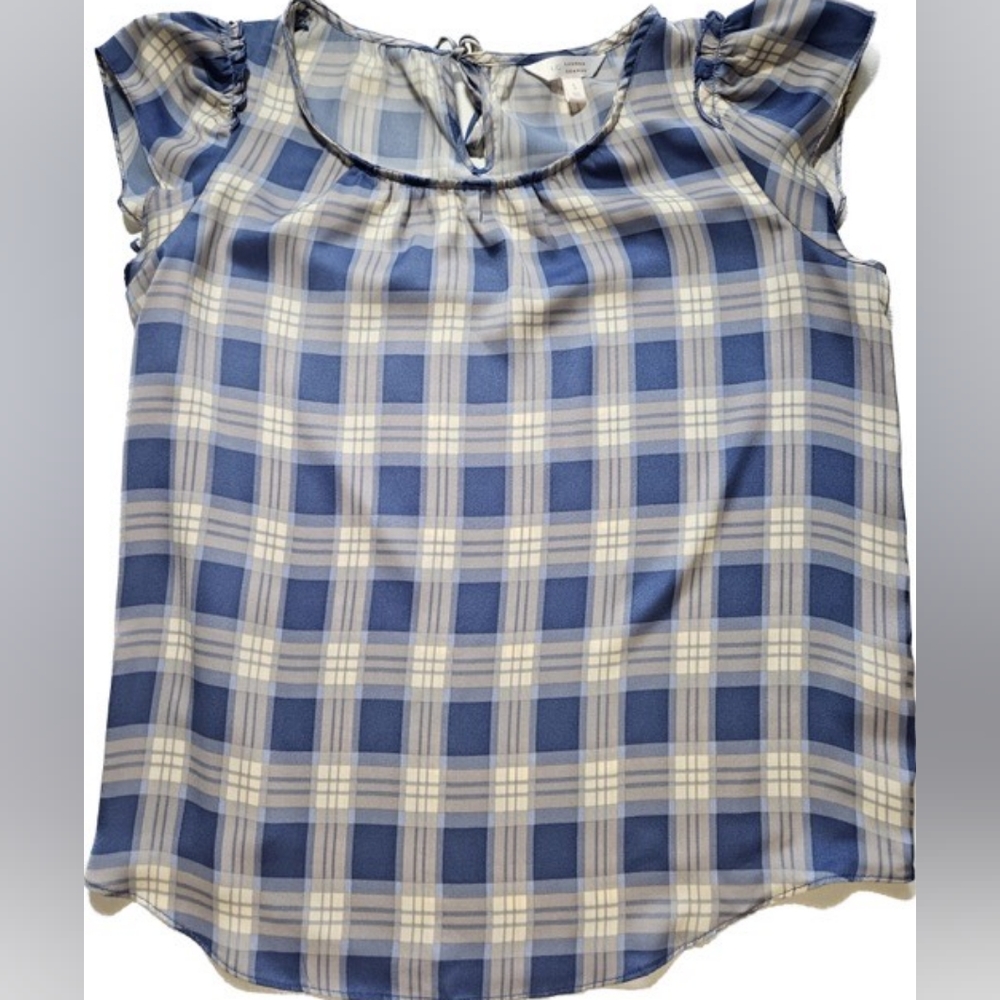LC Lauren Conrad Blue and White Plaid Cap-Sleeve Blouse